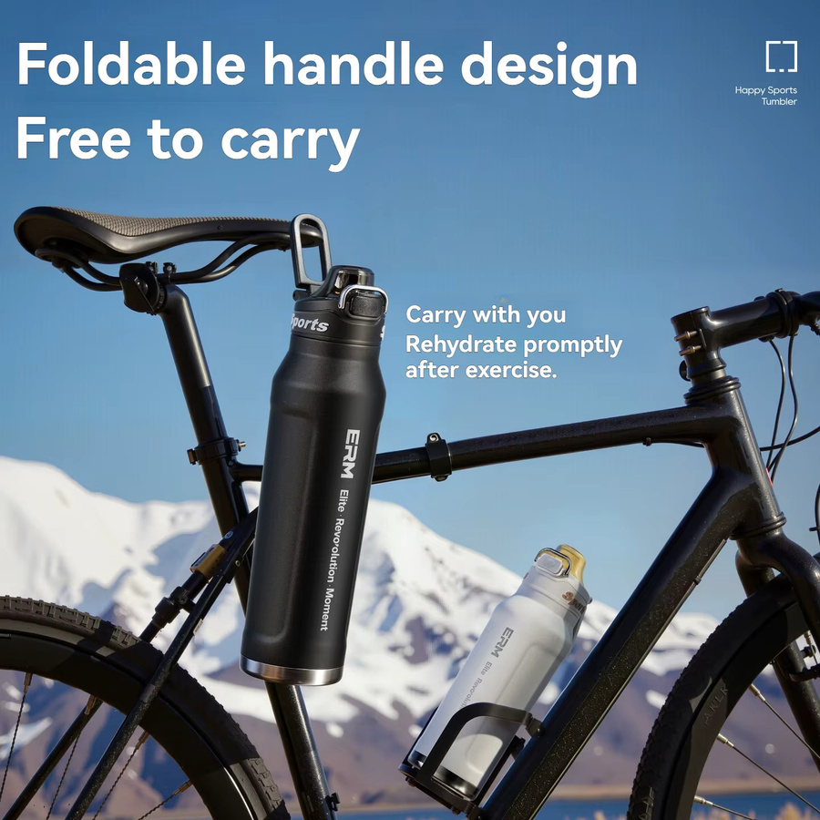 ERM Isolierte Edelstahl-Wasserflasche mit Griff für Sport und Outdoor in Silber und Schwarz - Bild 2