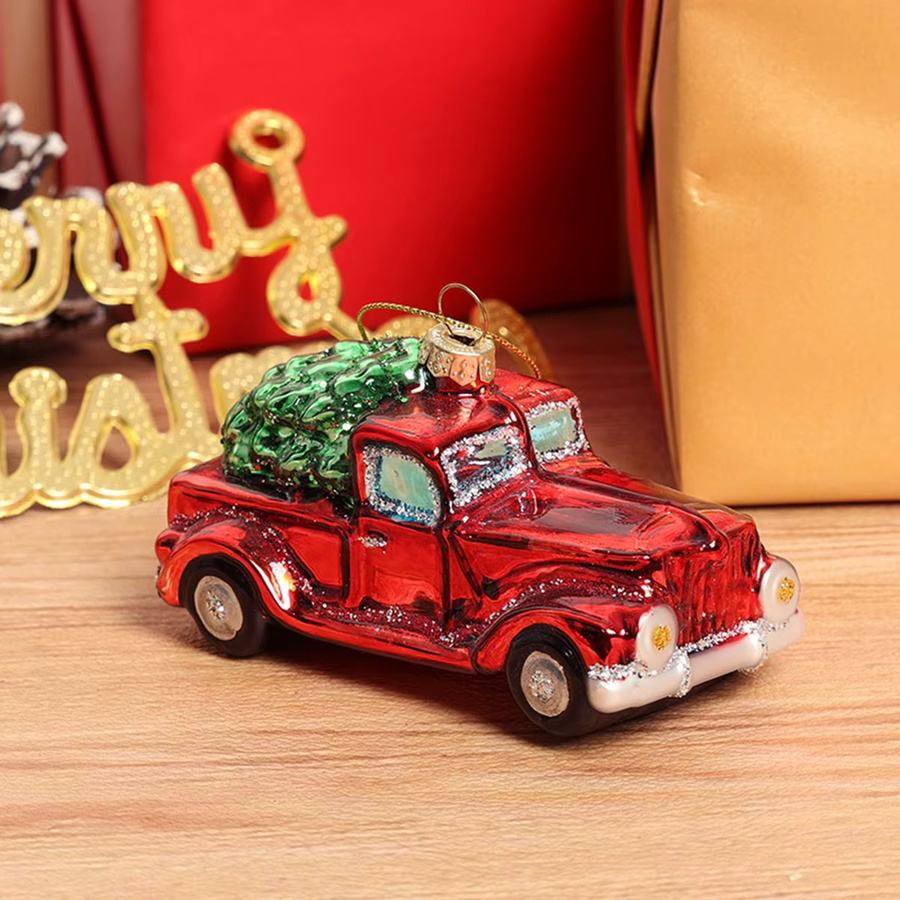 Mundgeblasener Weihnachts-LKW aus Glas als hängendes Ornament in Rot - Bild 3