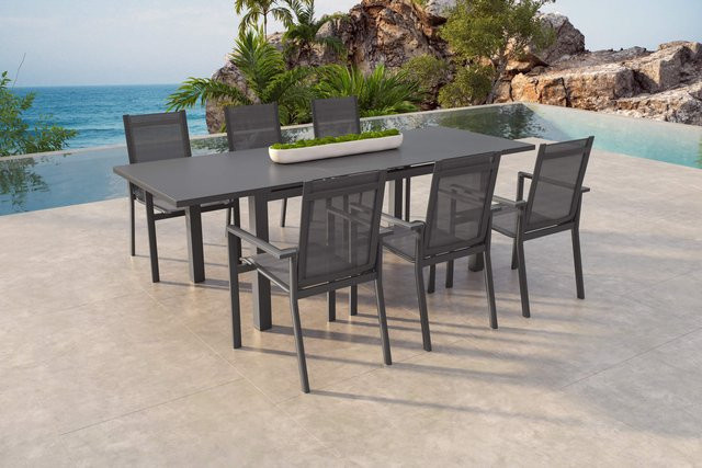 Siena Garden Miros Garten-Essgruppe aus Aluminium und Glas in Anthrazit mit ausziehbarem Tisch und 6 Stapelsesseln - Bild 1