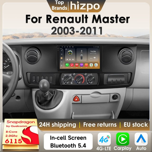 Hizpo Android 14 Auto Multimedia System für Renault Master 2003-2011 mit Snapdragon 6115, 8-Core 2Din GPS Player, 4G, Bluetooth und Carplay in Schwarz - Bild 1