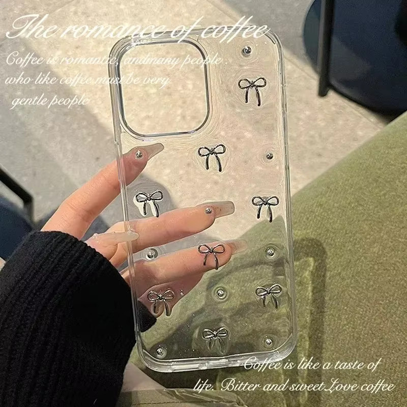 Silberne 3D Schleife Handyhülle mit Glitter und Epoxy für iPhone 11 bis iPhone 17 Pro Max, Transparent - Bild 2