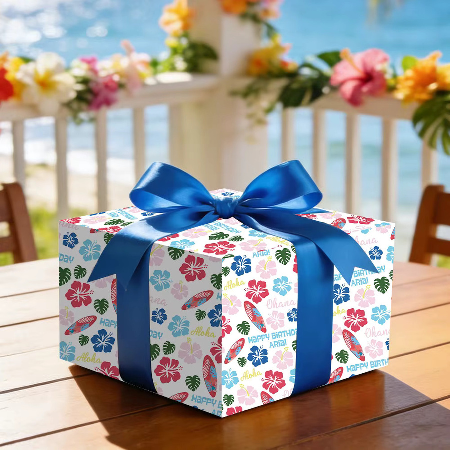 Personalisiertes Geschenkpapier im hawaiianischen Stil mit tropischem Monstera- und Hibiskus-Blumendesign, Mehrfarbig - Bild 3