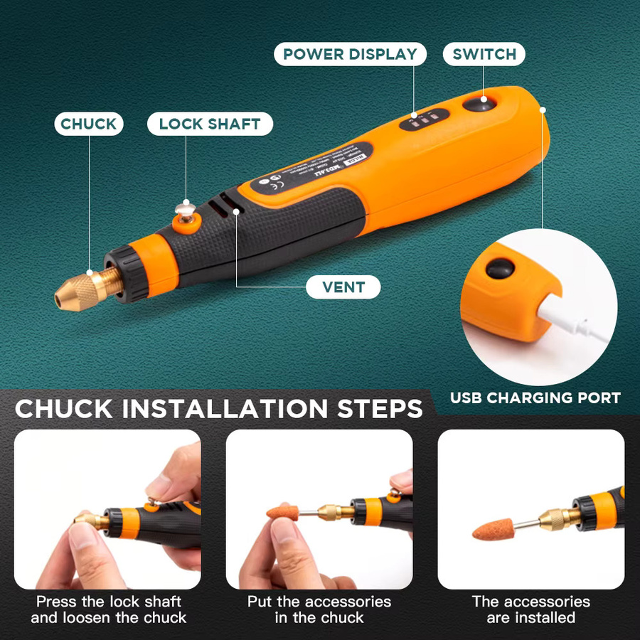 Mini USB Wireless Handheld Bohrmaschine als Akku-Drehwerkzeug in Orange für Gravurarbeiten an Holz, Metall und Glas - Bild 2