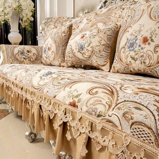 BC-Warm Home Sofa Abdeckung aus Chenille mit Spitzenstickerei, Floral, B/B: 120 x 70 cm, Beige oder Blau - Bild 1