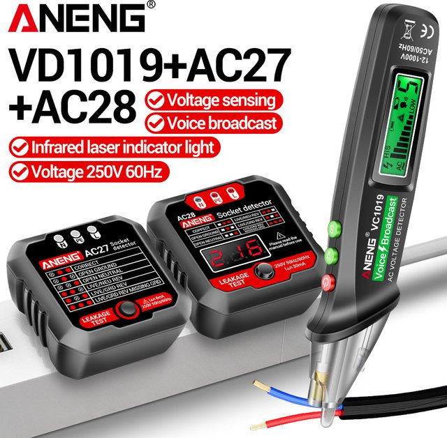 ANENG Infrarot-Laser-Sprachalarm NCV-Tester Set VC1019/AC27/AC28 mit LCD-Spannungsprüfer und 30mA RCD-Schaltkreis-Polaritätsprüfgerät - Bild 1