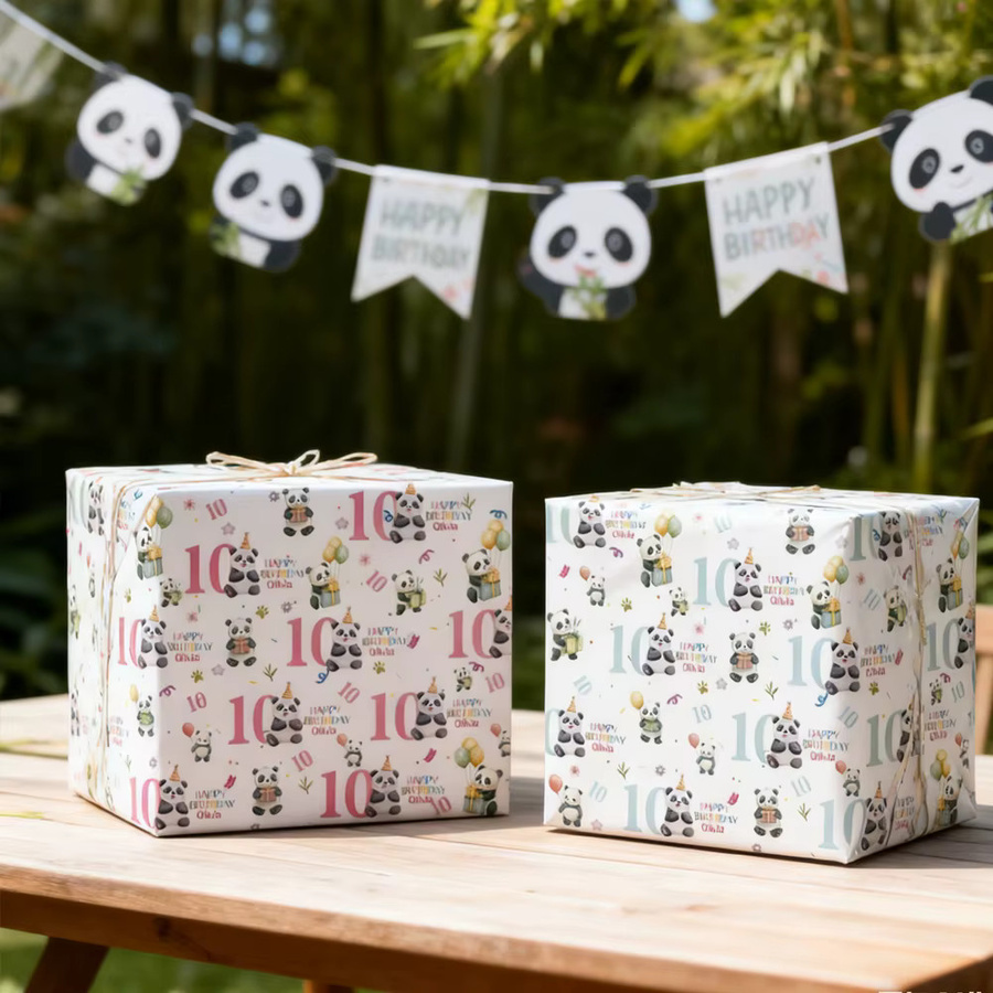 Personalisierbares Panda Geschenkpapier für deine Geburtstagsparty mit Name und Alter, 3 oder 6 Stück, Weiß - Bild 2