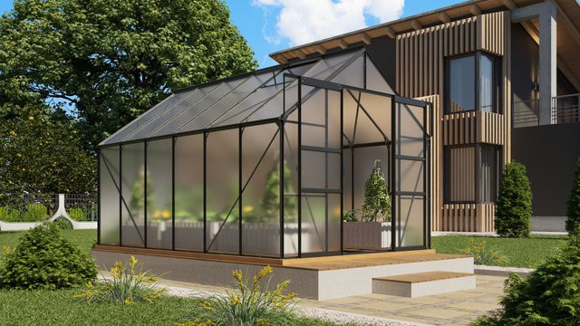 Vitavia Gewächshaus Mars 9900 in Schwarz mit 9,9 m² Fläche, Polycarbonat-Platten und Doppelschiebetür - Bild 1