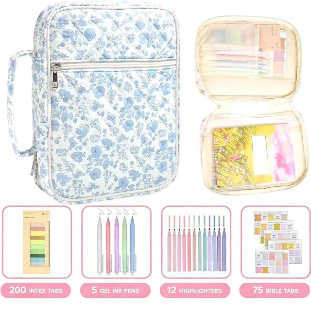 ZSY Blumen-Bibelstudien-Taschenset in Blau mit gesteckter Tragetasche, Textmarkern, Gelstiften und Index-Tabs - Bild 1