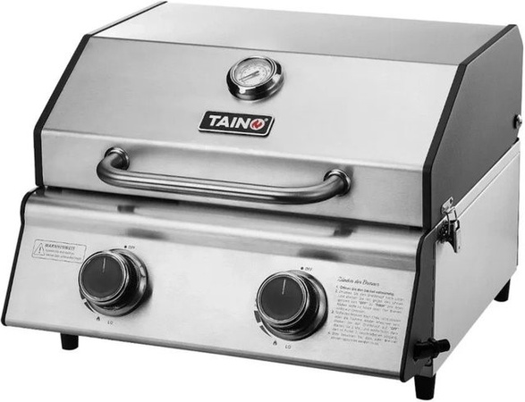Taino Platinum Compact Tischgrill Gasgrill mit 2 Brennern aus Edelstahl in Silber