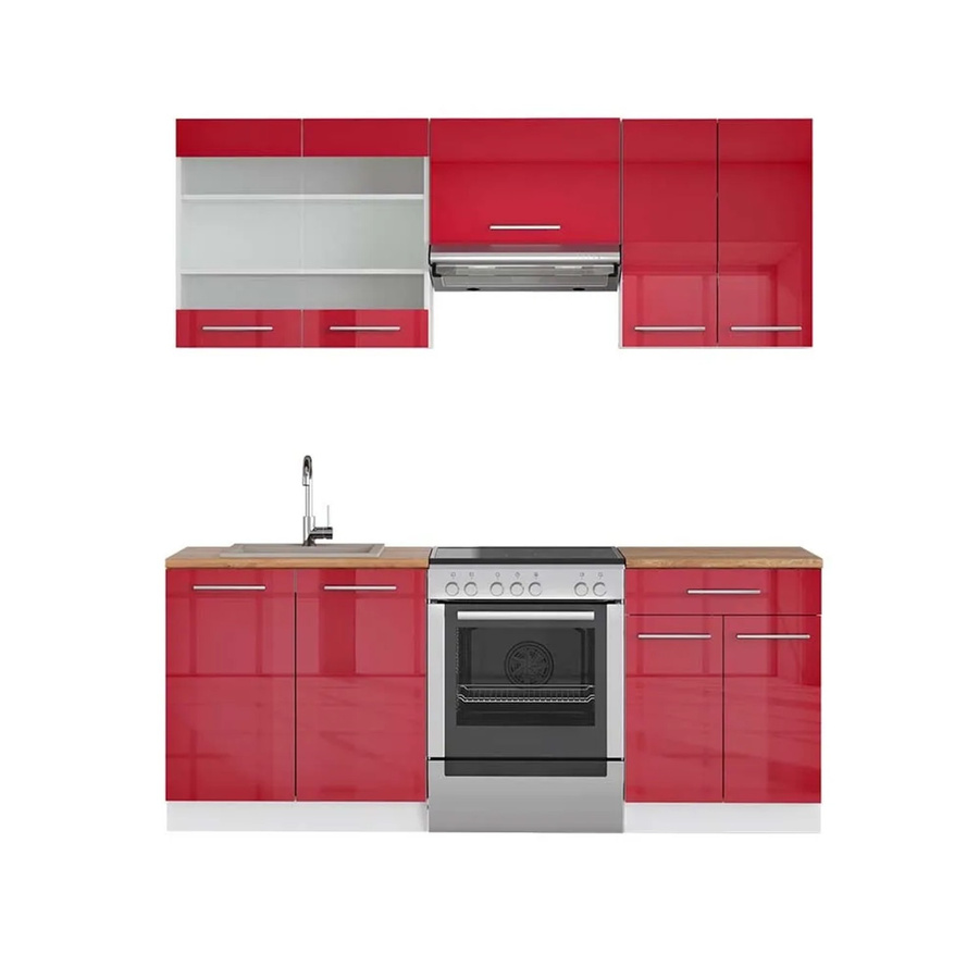 Vicco Fame-Line Küchenschränke Bordeaux Hochglanz und Weiß mit Eiche-Optik, Breite: 200 cm - Bild 2