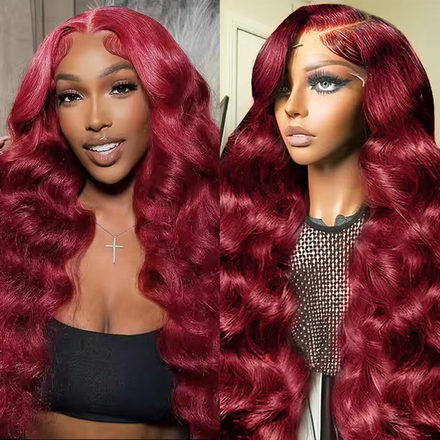 Sooolavely Echthaar-Perücke, Body Wave, Rot-Burgunder, Unisex - Bild 1