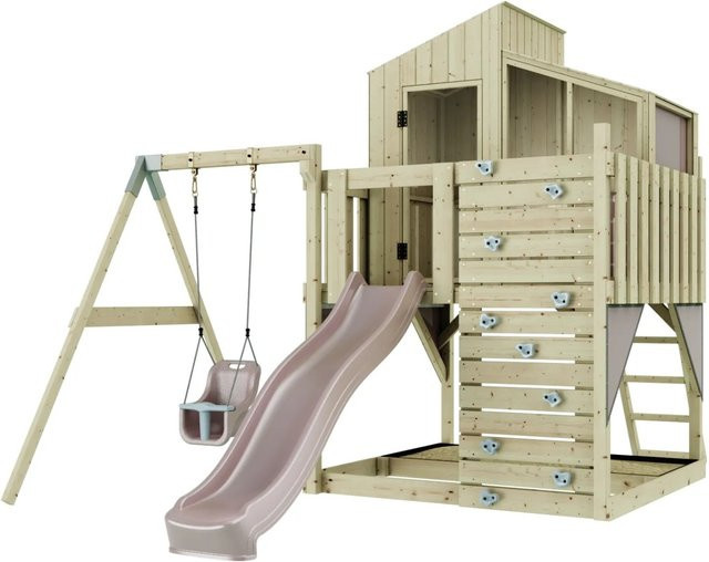 PolarPlay Spielturm Lotta mit Babyschaukel und Rutsche aus Holz in Altrosa - Bild 1