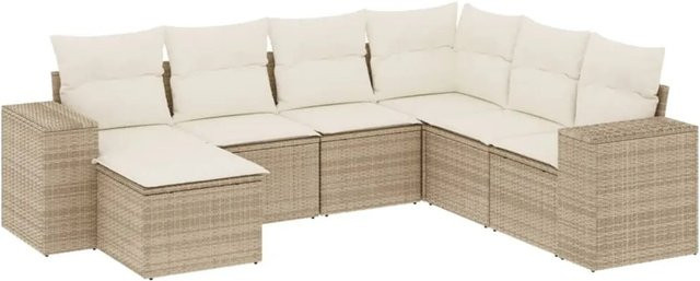 vidaXL 7-teilige Garten-Sofagarnitur in L-Form aus Poly-Rattan in Beige mit Kissen und Armlehnen - Bild 1
