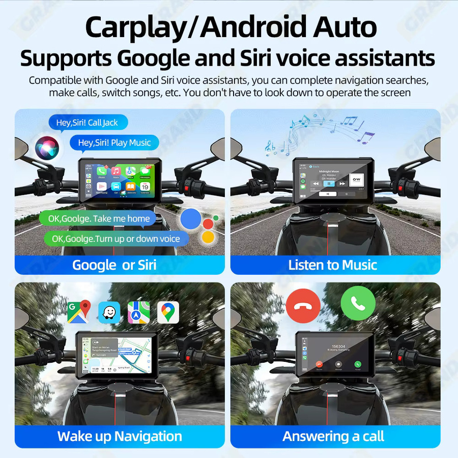 Grandnavi 5-Zoll Motorrad-Navigation mit GPS, Bluetooth, Wireless CarPlay und Android Auto, Magnetische Schnellverschlusshalterung, Schwarz - Bild 2