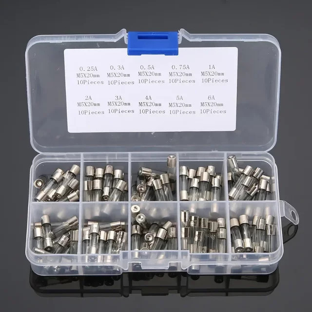 100 Stück Glassicherung Set transparent, Mix-Set mit verschiedenen Ampere-Werten, Maße: B: 5 mm, L: 20 mm - Bild 1