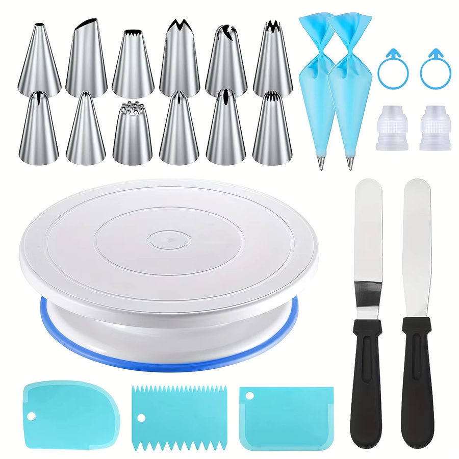 XMSJ 24-teiliges Kuchendekorations-Set in Weiß mit rutschfestem Drehteller, 12 Spritzdüsen aus Edelstahl und Spatula für professionelles Backen - Bild 1