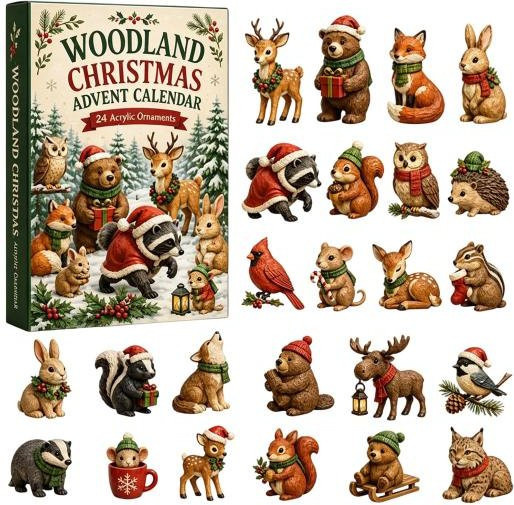 HonorBond Adventskalender Box mit 24 Tagen, Waldtiere und Elfenfiguren aus Acryl, beige und mehrfarbig - Bild 1
