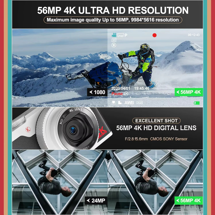 NBD Digitalkamera mit 56 MP, 4K Video, 16-fachem Zoom und 180 Grad Klappbildschirm in Schwarz - Bild 2
