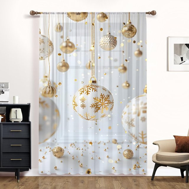 Weißer Weihnachts-Vorhang mit Print und Stangendurchzug in Beige, B: 132 cm, H: 160 cm - Bild 1