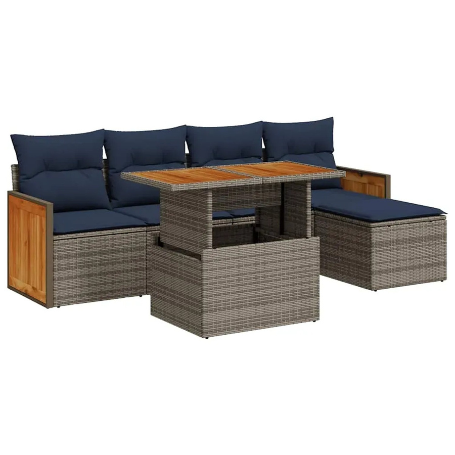 vidaXL 6-teilige Garten-Sofagarnitur mit Kissen aus grauem Poly-Rattan und Akazienholz - Bild 2