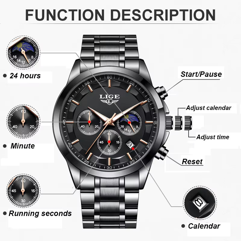 LIGE Chronograph, Quarz, Edelstahl, Schwarz, Silber, Herren - Bild 3
