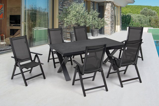 OUTFLEXX Garten-Essgruppe in Anthrazit mit ausziehbarem Tisch und 6 Klappstühlen aus Aluminium, Keramik und Textil - Bild 1