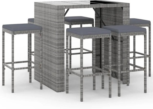vidaXL 7-tlg Gartenbar-Set aus Poly Rattan in Grau mit Kissen und Hartglasplatte - Bild 1
