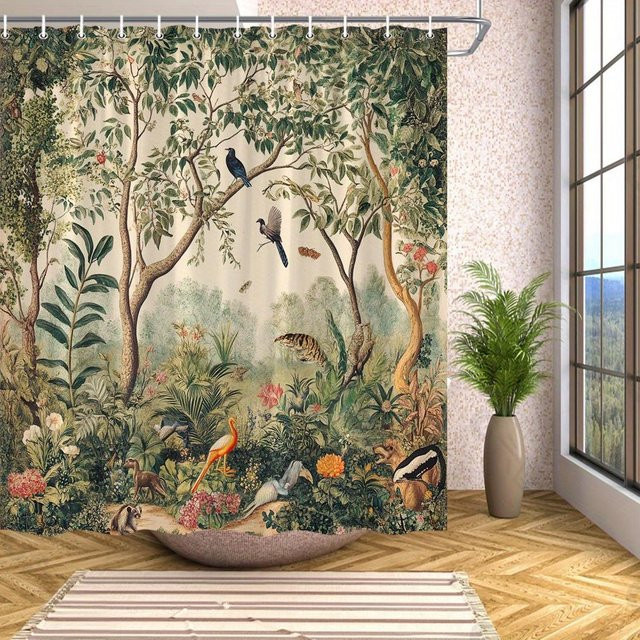 Dai Jiaochuan Duschvorhang Botanischer Dschungel mit tropischem Wald Design, exotischen Vögeln und Blumen, Polyester, Mehrfarbig, B: 160 cm, H: 160 cm - Bild 1
