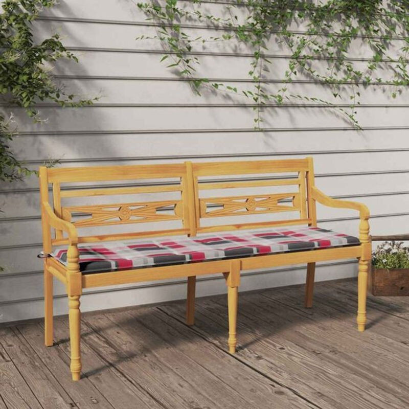 VIDAXL Batavia Gartenbank aus Massivholz Teak mit Kissen in Rot Karomuster, Breite: 150 cm, Höhe: 84 cm, Tiefe: 51,5 cm - Bild 1