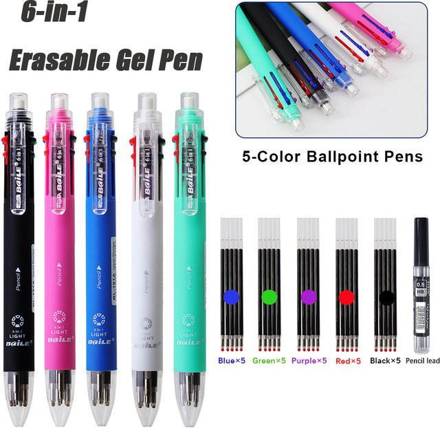MROOFUL 6-in-1 Multifunktions-Kugelschreiber-Set in Weiß mit 5 Farben und automatischem Bleistift inklusive Radiergummi für Schule und Büro - Bild 1