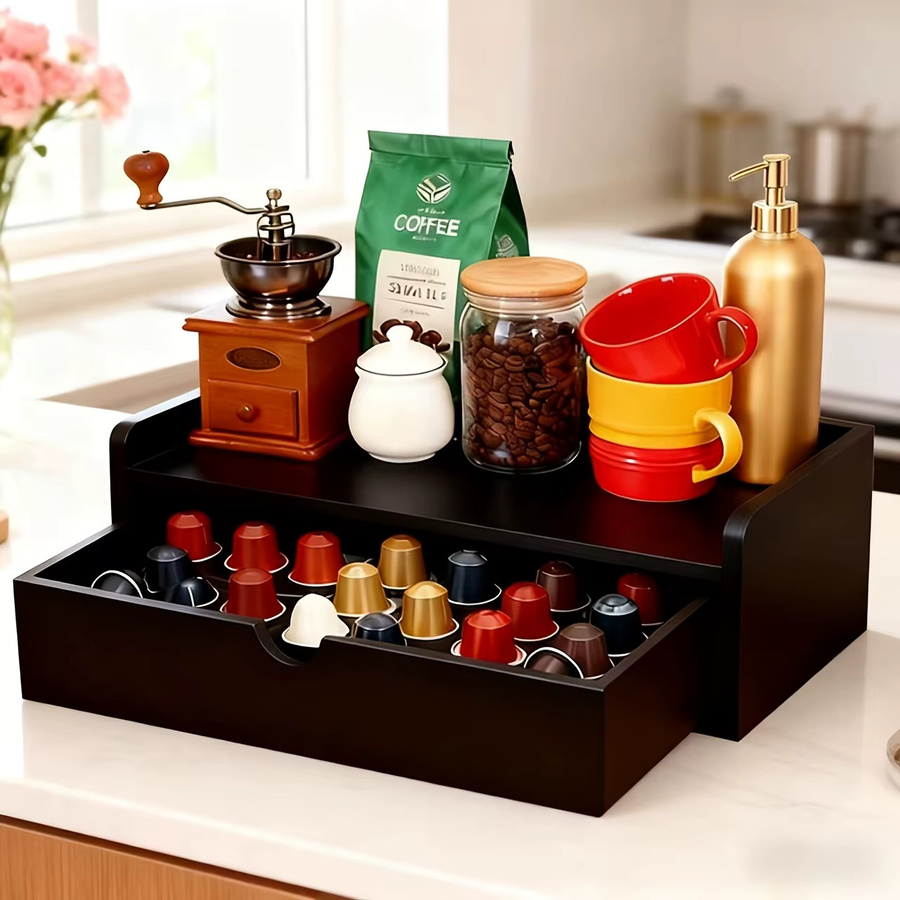 IDUK Kaffee-Bar-Organizer aus rustikalem Holz in Braun oder Schwarz als Tee- und Gewürzaufbewahrungshalter für Küche, Büro und Café - Bild 2