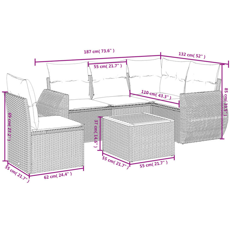 Vidaxl Gartenmöbel-Set aus Polyrattan mit Kissen, 6-teilig, Schwarz - Bild 3