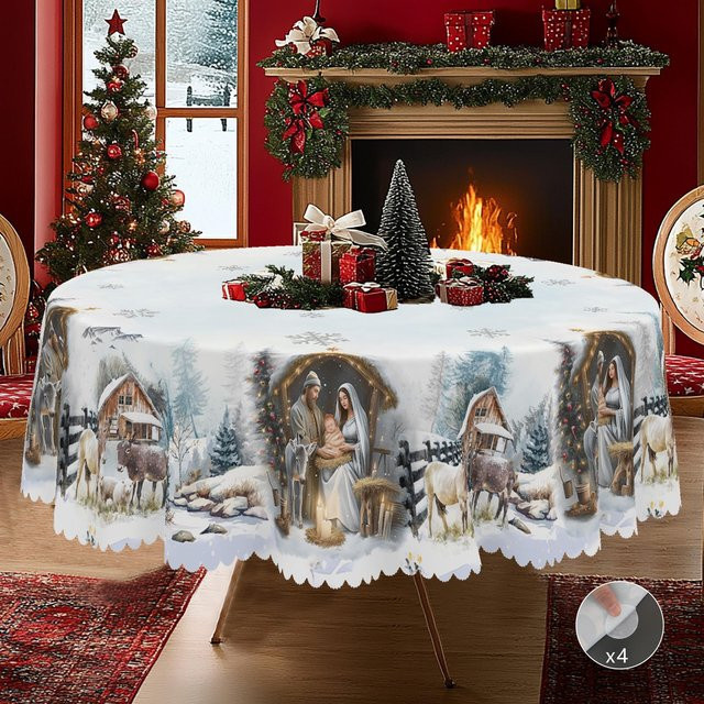 JINGYUE Pet Weihnachts-Tischdecke im Vintage-Bauernhaus-Stil mit Weihnachtsmann, Rentier und Weihnachtsbaum, weiß, B: 152 cm, T: 220 cm - Bild 1