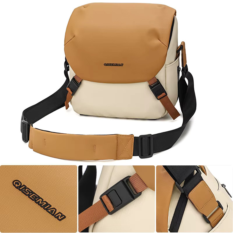 QISEMIAN Outdoor-Freizeit-Fototasche als Crossbody-Tasche für DSLR- und Einzelobjektiv-Kameras in Orange und Beige - Bild 4