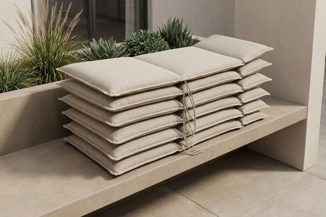 OUTFLEXX 6er-Set Sitzkissen für Hochlehner in Beige, ergonomisches Design aus recyceltem Polyester mit Rückengurt und Bindekordeln - Bild 1