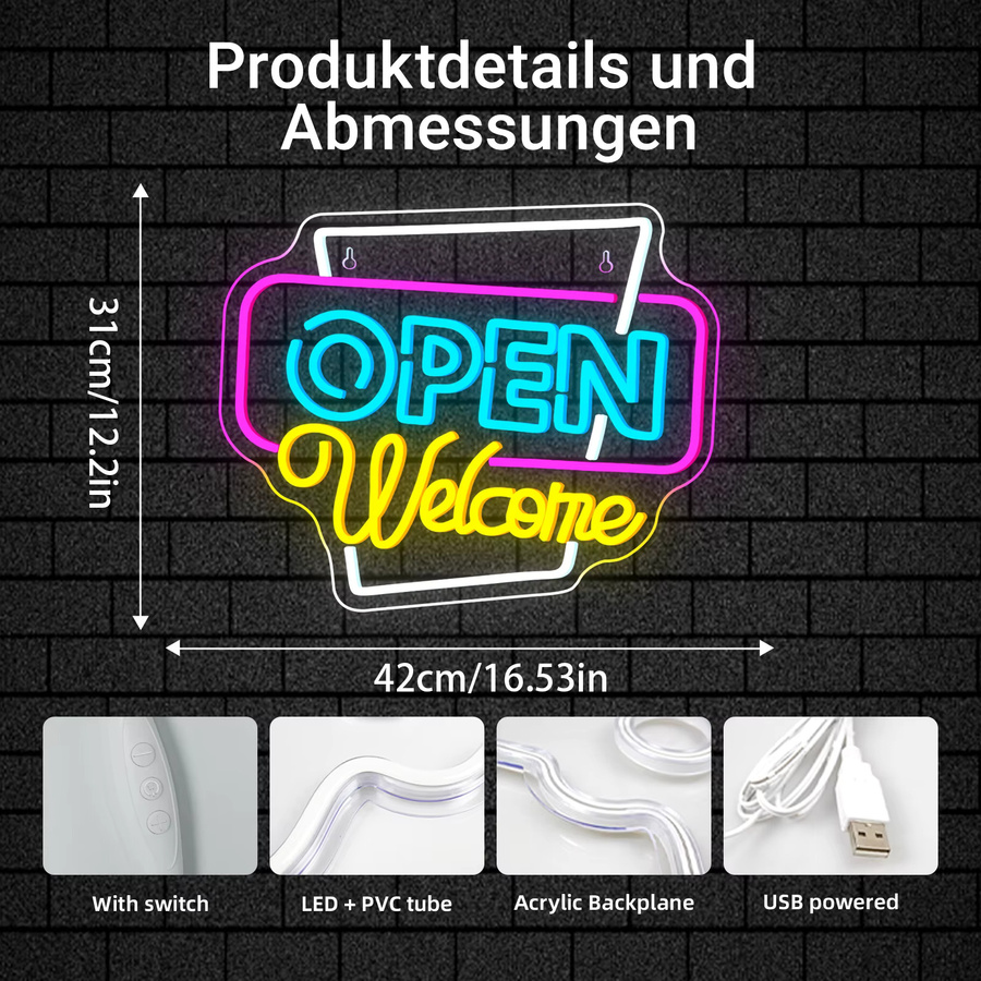 NEONAEON Open Welcome Neon-Schild, dimmbare USB-Neon-Leuchtreklame in Mehrfarbig, moderne Neon-Werbung für Schaufenster, Bar, Café oder Salon - Bild 2