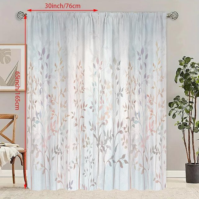 2er-Set Vorhänge mit Rattanblattdruck aus 100% Polyester, semi-transparent, Farbe: Weiß, B x H: 60 x 150 cm - Bild 1