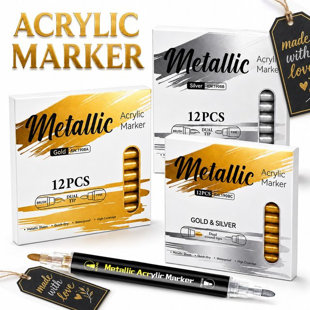 12 Stück Acryl-Markerstifte mit Doppelspitze in Gold und Silber, wasserfest und schnell trocknend für DIY-Projekte und Kalligraphie - Bild 1