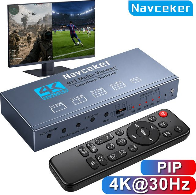 Navceker 4K HDMI Quad-Screen Multiviewer 4-in-1-Out mit PIP-Funktion für Kamera, Laptop, PC und TV - Bild 1