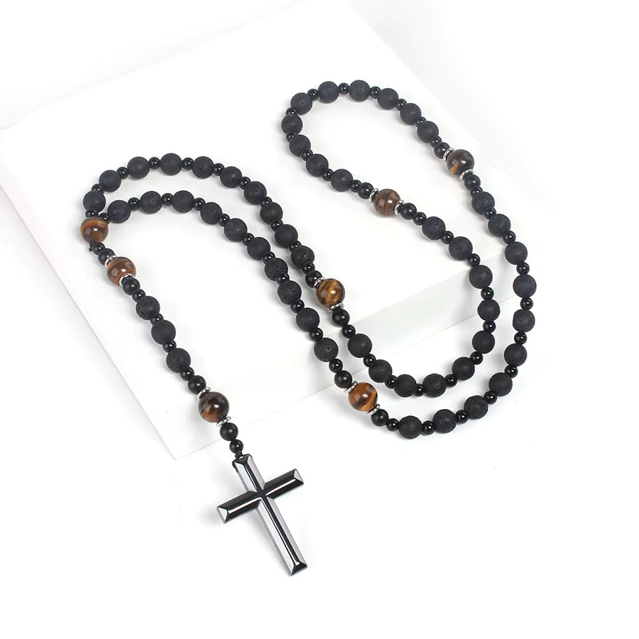 Halskette mit Kreuz Anhänger, Lavastein, Perle, Tigerauge, Hämatit, Herren - Bild 2