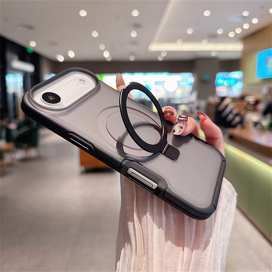 OTT Magnetische Ring Halterung Schutzhülle für iPhone 16 15 14 Plus, Stoßfestes Matte Design aus PC und TPU, Transparent oder Lila - Bild 1
