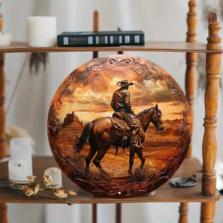 Potdemiel Wandkunst Cowboy im Wilden Westen, runde Metall-Wanddekoration in Braun, B/H: 20 x 20 cm - Bild 2