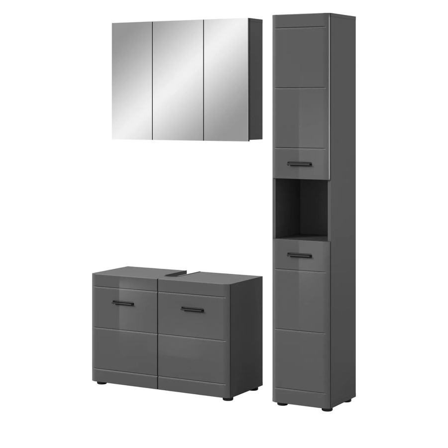 Inn.Furn Badmöbel-Set Grau Hochglanz mit Waschtisch, Spiegelschrank und Hochschrank, B/T/H: 125 x 34 x 190 cm - Bild 2