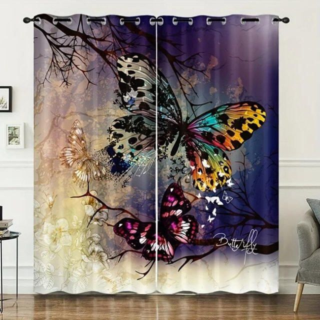 Yiran Furniture Fantasy Vorhänge mit buntem Tier- und Schmetterlingsprint, 2er-Set, halbtransparent, Mehrfarbig, Breite: 55 cm, Höhe: 120 cm - Bild 1