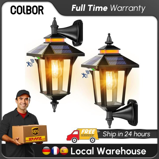 COLBOR Solar-Außenleuchten im Vintage-Design, 2er-Set, Schwarz, mit Bewegungsmelder, 2200 mAh, 3 Modi, IP65 wasserdicht, Warmweiß - Bild 1