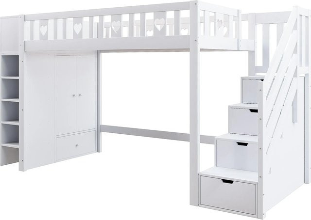 KOMHTOM Hochbett für Kinder in Weiß mit Stauraumleiter, Regalen und klappbarem Stauschrank aus Kiefernholz und MDF, B/T/H: 90 x 200 x 150 cm - Bild 1