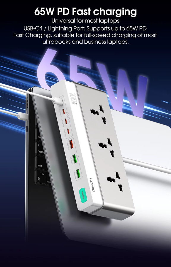 LDNIO Desktop-Steckdosenleiste mit 100W Schnellladestation, USB-A und USB-C 65W, Weiß - Bild 2