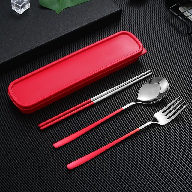 VEG HOME 4-teiliges Reisebesteck-Set aus 18/8 Edelstahl mit Etui, tragbares Utensilien-Set bestehend aus Gabel, Löffel und Essstäbchen, silber/rot - Bild 1