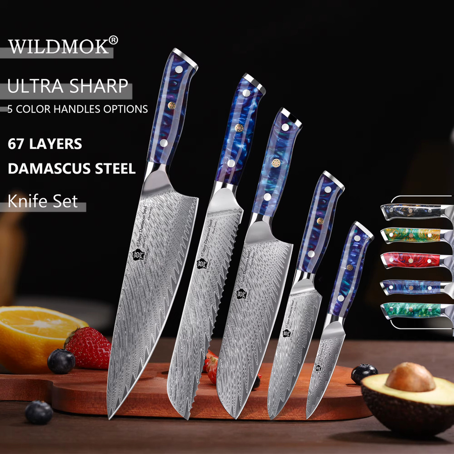 WILDMOK Professionelles 5-teiliges Küchenmesserset aus Damaststahl mit Harzgriff in Schwarz inklusive Geschenkbox - Bild 1