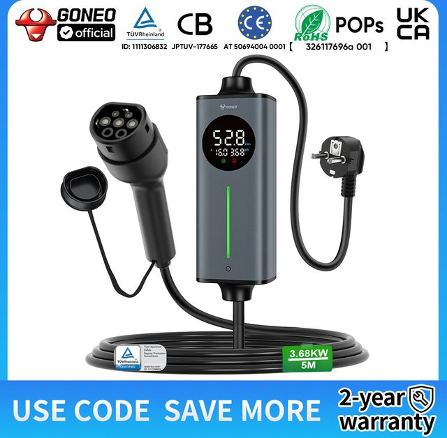 GONEO Tragbares Typ-2-EV-Ladegerät mit Schuko-Stecker für Elektrofahrzeuge und Plug-in-Hybridfahrzeuge mit intelligenter Temperaturregelung und doppeltem FI-Schutz (AC+DC) sowie automatischer Erdungserkennung - Bild 1
